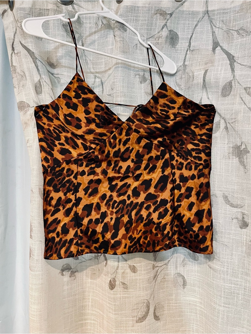 A New Day Leopard Print Satin Cami Top Size L Spaghetti Strap Tie Back, Brown